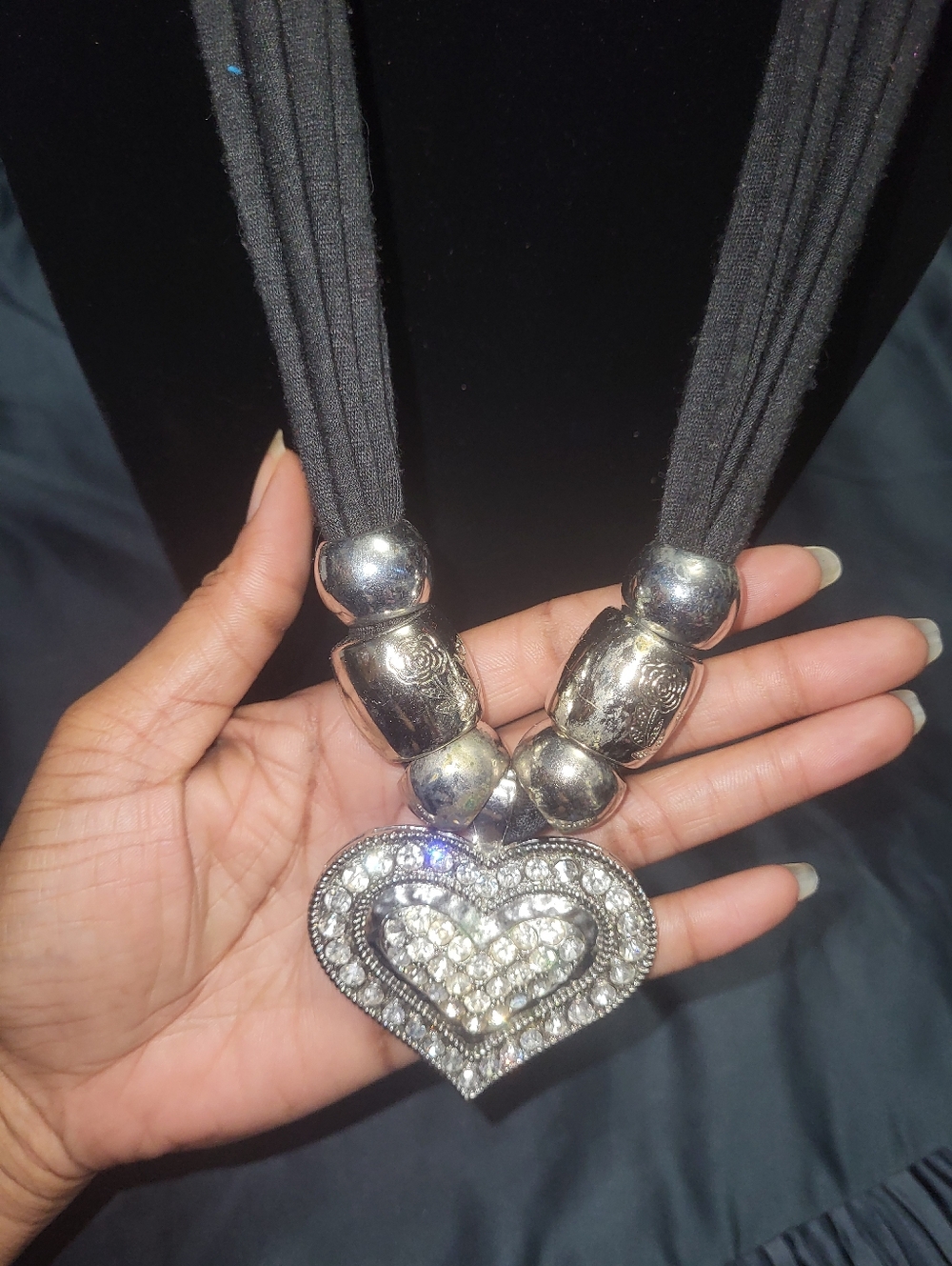 Crystal Heart Statement Necklace - Black and Silver